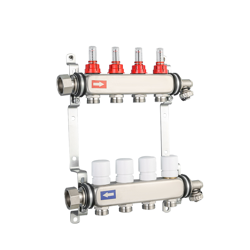 Wasserverteiler für Fußbodenheizung aus Edelstahl mit Durchflussmesser und Anschluss